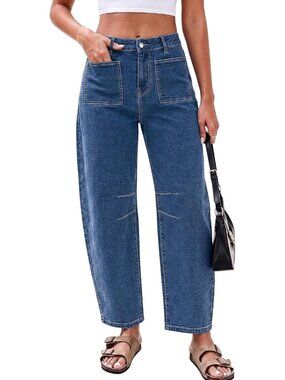 Women's Classic Blue High Waisted Patch Pocket Baggy Stretch Wide Leg Denim Pant